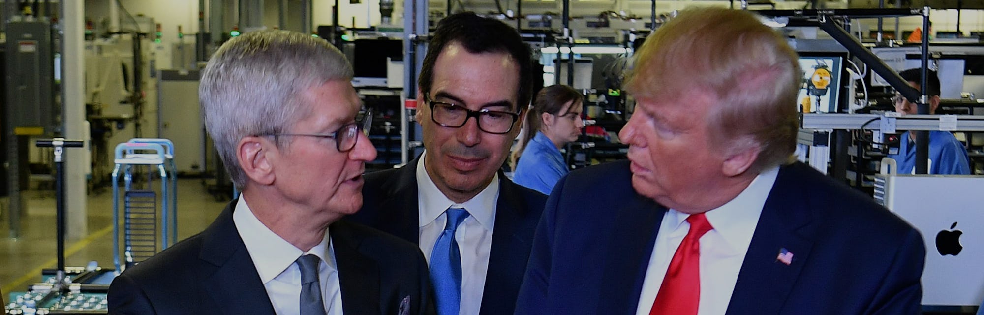 Apple CEO Tim Cook, Treasury Secretary Steve Mnuchin, President Trump meet at a manufacturing facili...