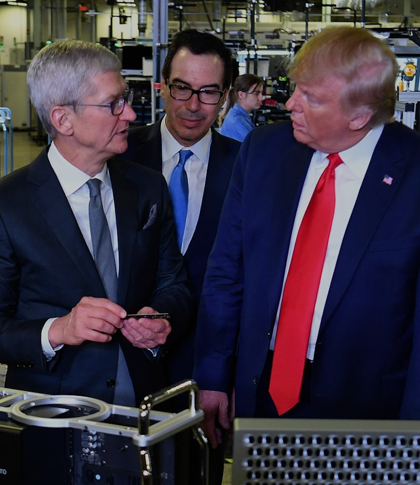Apple CEO Tim Cook, Treasury Secretary Steve Mnuchin, President Trump meet at a manufacturing facili...