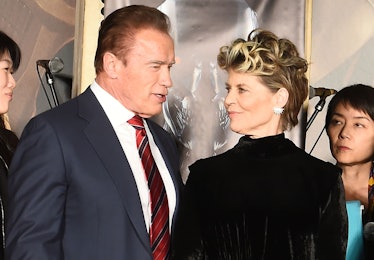 Linda Hamilton from Resident Alien and Arnold Schwarzenegger at a red carpet event