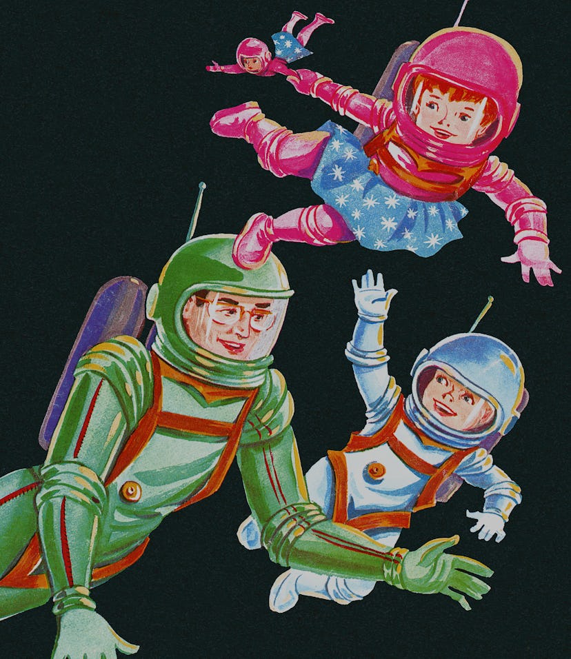 An family of astronauts floating in space.