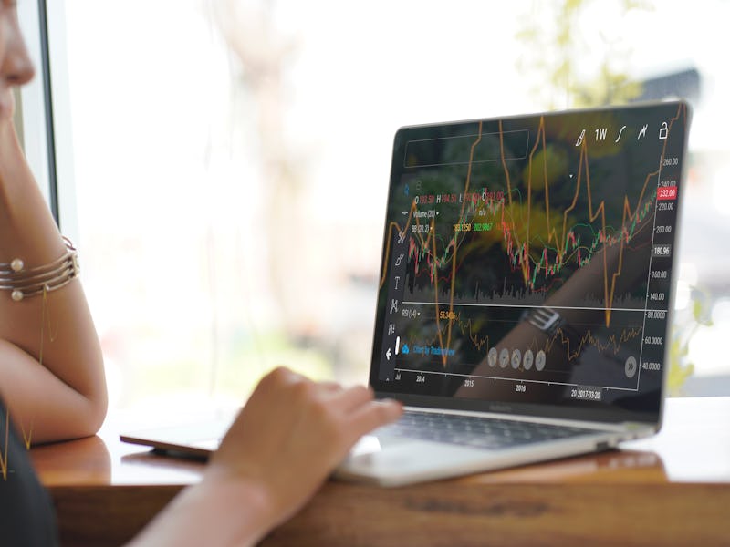 Woman looking at stock charts on a computer.
