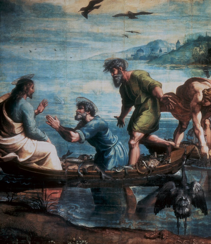 The Miraculous Draught of Fishes painted by Raphael, depicting Jesus speaking with Simon, the fisher...