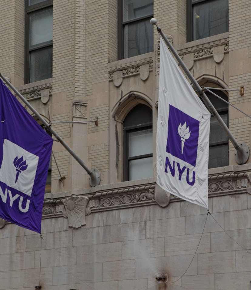 Two flags for the New York University can be seen hanging from a building in New York. They are whit...