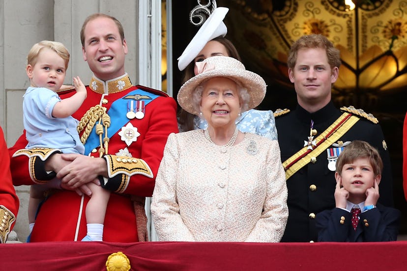 Queen Elizabeth with Prince William, Prince Harry, Prince George, and great-grandson James in 2015.