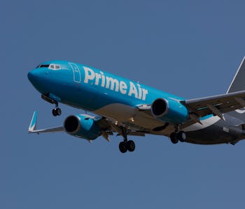 Amazon Prime Air plane flying in the air.