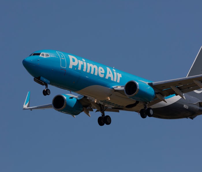 Amazon Prime Air plane flying in the air.