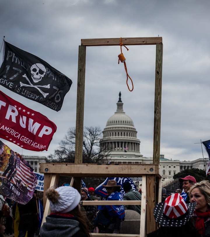 A scaffold and noose stands with the Capitol in the distance. A crowd holds various flags in support...