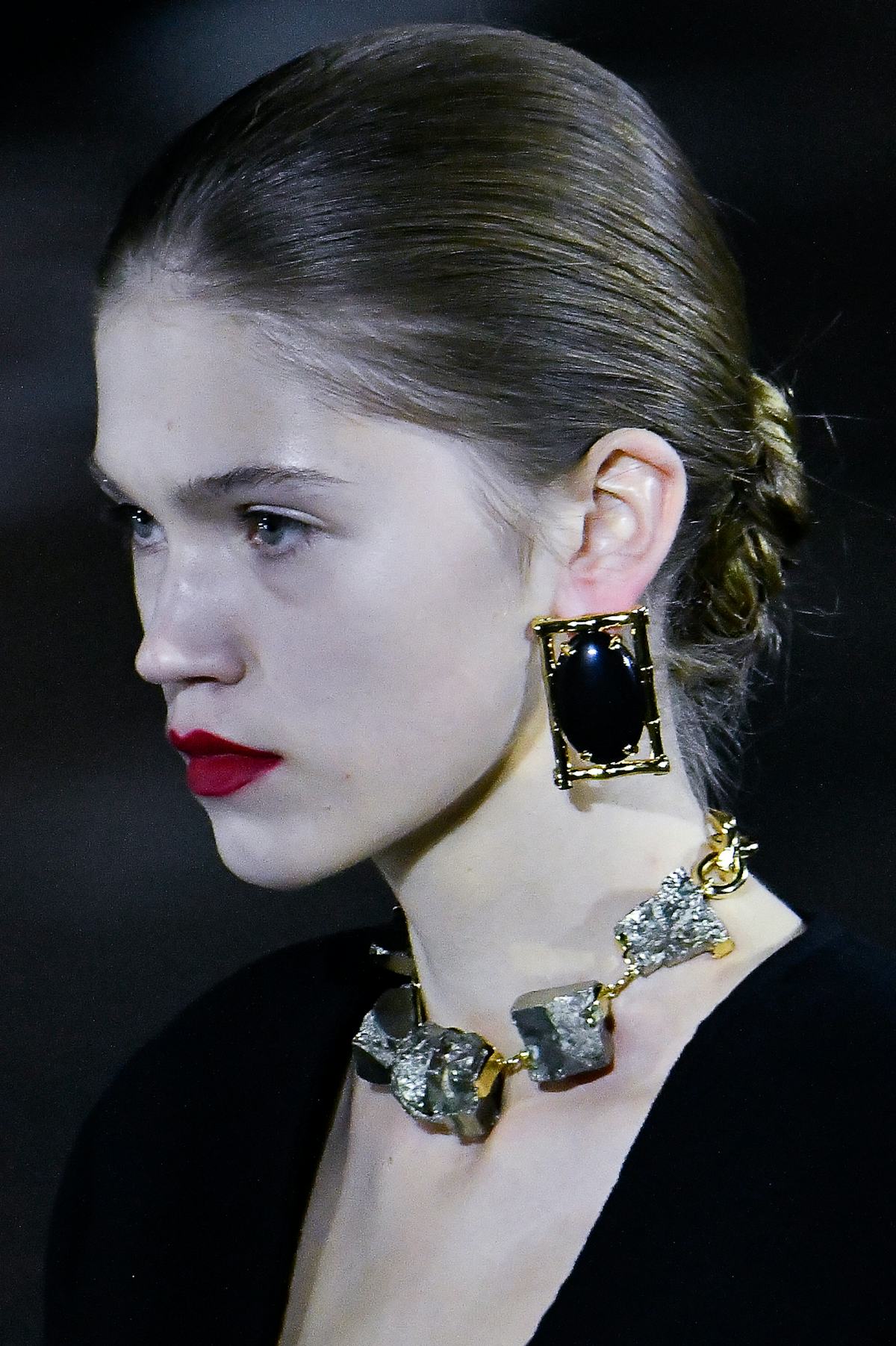 PARIS, FRANCE - SEPTEMBER 28: A model walks the runway during the Saint Laurent Ready to Wear Spring...
