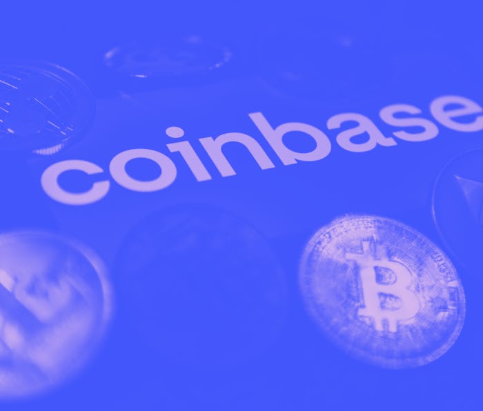 Coinbase logo displayed on a phone screen and representation of cryptocurrencies are seen in this il...