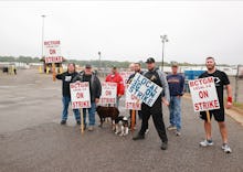 BATTLE CREEK, MI - OCTOBER 07: Kellogg's Cereal plant workers demonstrate in front of the plant on O...