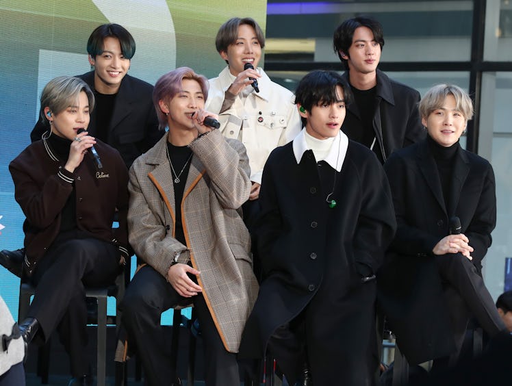 NEW YORK, NEW YORK - FEBRUARY 21:  (L-R) Jimin, Jungkook, RM, J-Hope, V, Jin, and SUGA of the K-pop ...