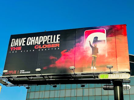 HOLLYWOOD, CA - OCTOBER 09: General view of a Netflix billboard above Hollywood Blvd promoting Dave ...