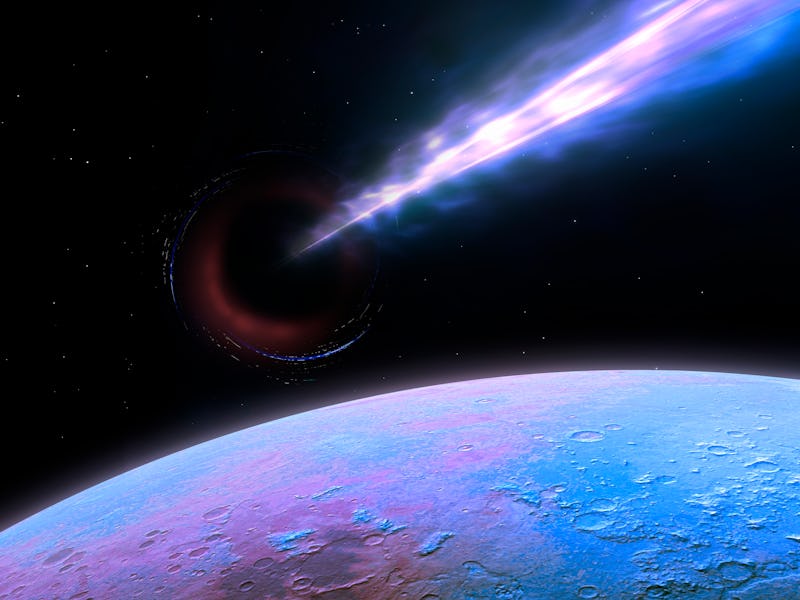 Illustration of the M87 black hole and its accretion engine seen from a nearby planet. M87's central...