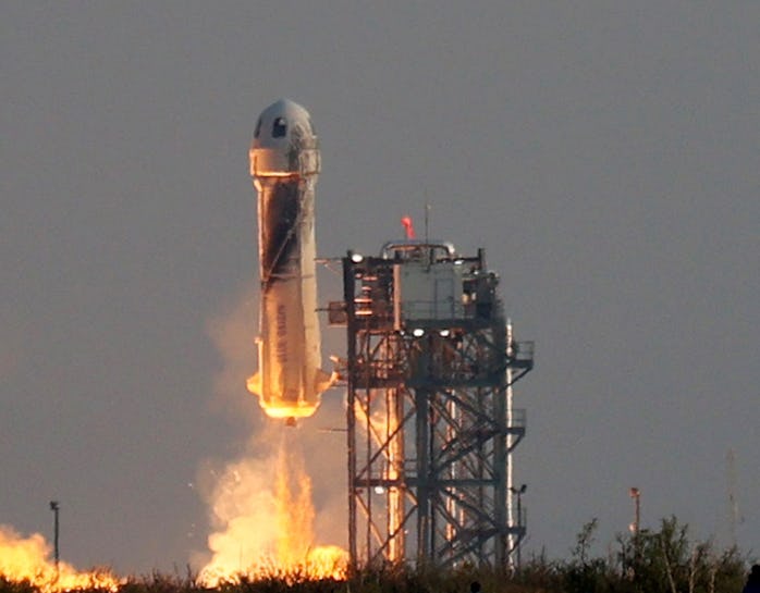 VAN HORN, TEXAS - JULY 20:  Blue Origin’s New Shepard lifts-off from the launch pad carrying Jeff Be...