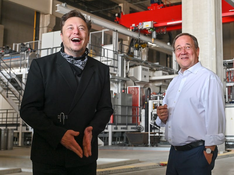 GRUENHEIDE, GERMANY - AUGUST 13: Tesla CEO Elon Musk and Armin Laschet, CDU Federal Chairman and Pri...