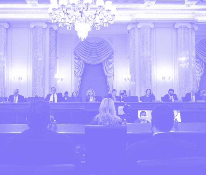 Committee Senators listen as former Facebook employee and whistleblower Frances Haugen (C) testifies...