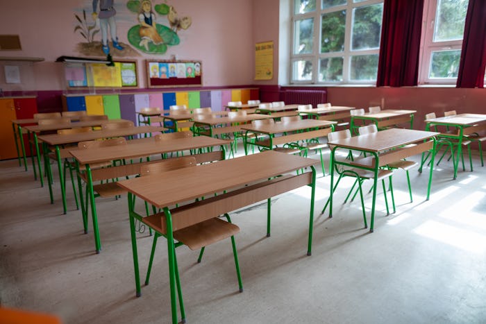 Classroom prepared for getting back to school after coronavirus pandemic, no people