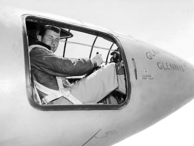 Captain Charles E Yeager is in the cockpit of the Bell X-1 supersonic research aircraft, Muroc Army ...