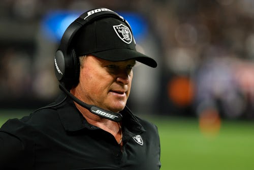 LAS VEGAS, NEVADA - SEPTEMBER 13: Head coach Jon Gruden of the Las Vegas Raiders looks on from the s...