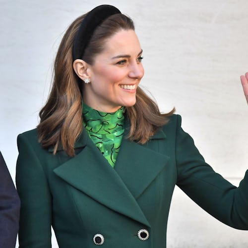 Kate Middleton wears emerald green coat, Allesandra Rich green printed dress, and a headband on Marc...