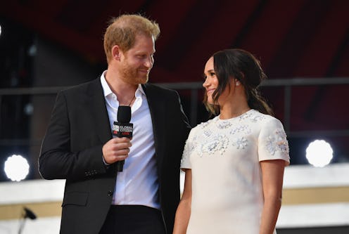 Britain's Prince Harry and Meghan Markle speak during the 2021 Global Citizen Live festival at the G...