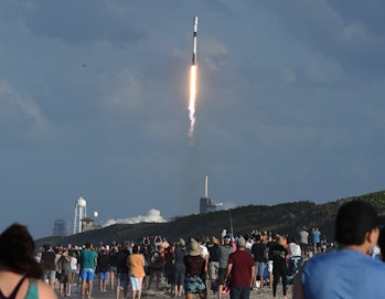 CAPE CANAVERAL, FLORIDA, UNITED STATES - 2021/05/15: People watch from Playalinda Beach at Canaveral...