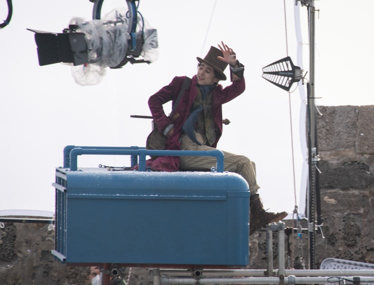 Timothée Chalamet is seen as Willy Wonka during filming for the Warner Bros and the Roald Dahl Story...