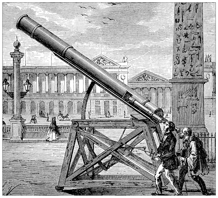 Antique illustration of scientific discoveries, experiments and inventions: Optics, telescopes