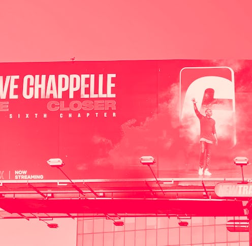 HOLLYWOOD, CA - OCTOBER 09: General view of a Netflix billboard above Hollywood Blvd promoting Dave ...