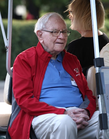 SUN VALLEY, IDAHO - JULY 07: Chairman and CEO of Berkshire Hathaway Warren Buffett rides in a golf c...