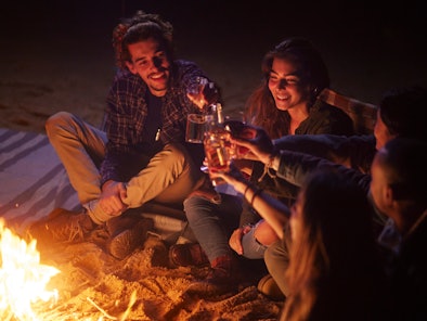 Group of young friends drinking and toasting drinks on beach bonfire at night