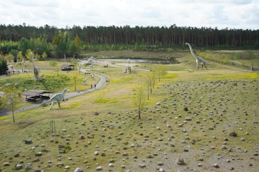 01 May 2020, Berlin: Various life-size models of dinosaurs can be seen in the Germendorf Animal, Lei...