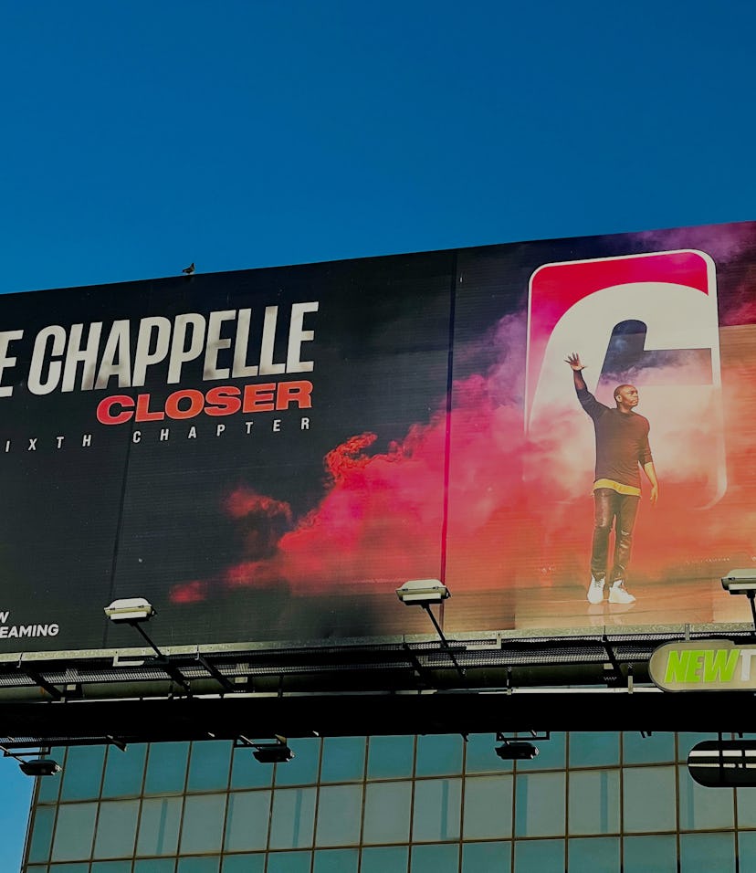 HOLLYWOOD, CA - OCTOBER 09: General view of a Netflix billboard above Hollywood Blvd promoting Dave ...