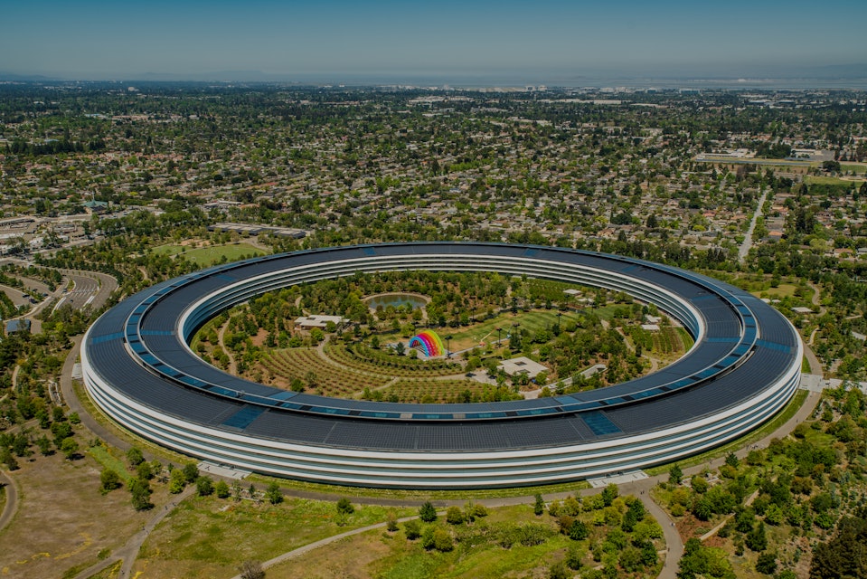Apple Computer's new Apple Park headquarters features a natural colorful outdoor auditorium in the c...