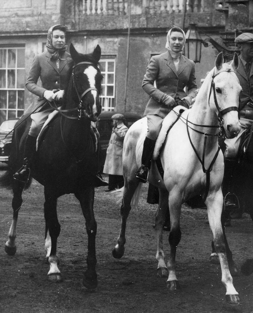 Queen Elizabeth rides with her sister.