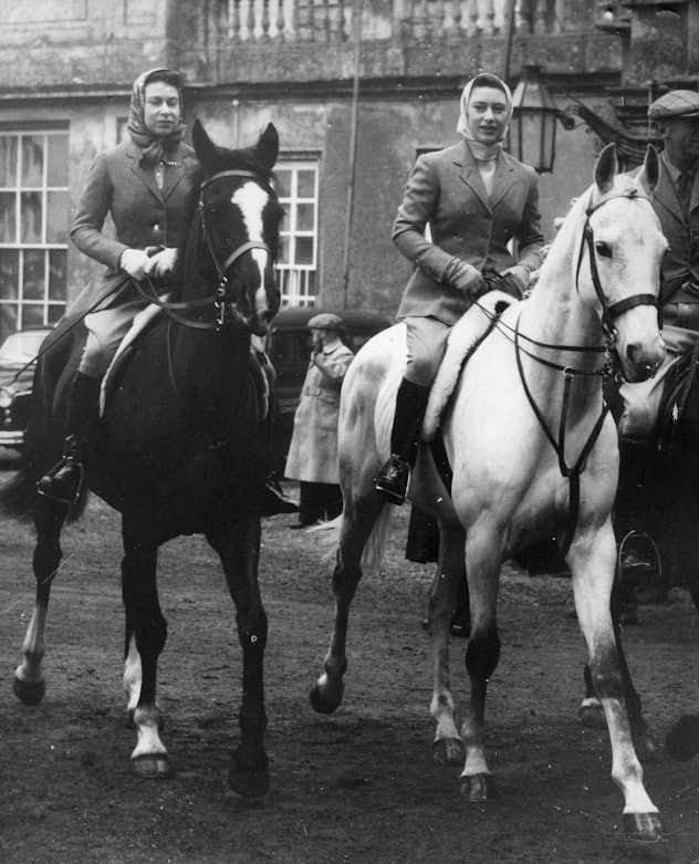 Queen Elizabeth rides with her sister.