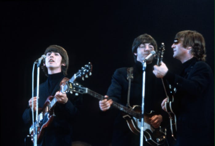 LONDON - MAY 1: (L-R) George Harrison (1943-2001), Paul McCartney and John Lennon (1940-1980) of The...