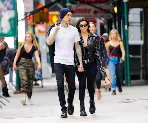 NEW YORK, NEW YORK - OCTOBER 16: Kourtney Kardashian and Travis Barker are seen on October 16, 2021 ...