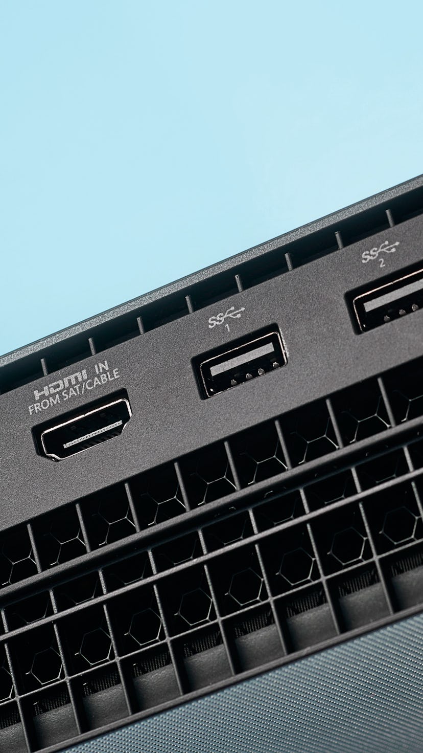 Detail of the ports on a Microsoft Xbox One X home console, taken on October January 19, 2018. (Phot...