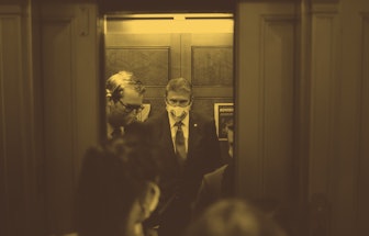 WASHINGTON, DC - OCTOBER 06: Sen. Joe Manchin (D-WV) speaks to reporters as he departs from the Sena...