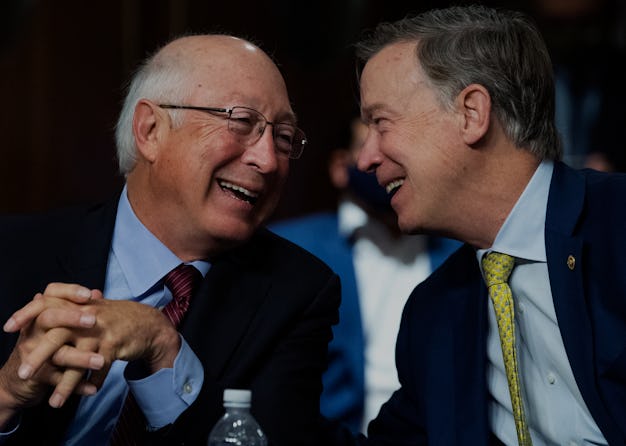 UNITED STATES - JULY 28: Sen. John Hickenlooper, D-Colo., right, and Ken Salazar, nominee to be amba...