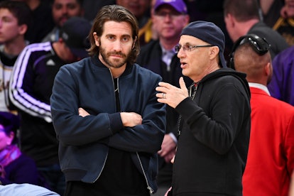 LOS ANGELES, CALIFORNIA - FEBRUARY 04: Jake Gyllenhaal (L) and Jimmy Iovine attend a basketball game...