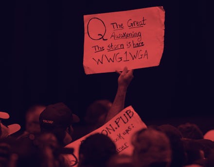 Trump supporters displaying QAnon posters appeared at President Donald J. Trumps Make America Great ...