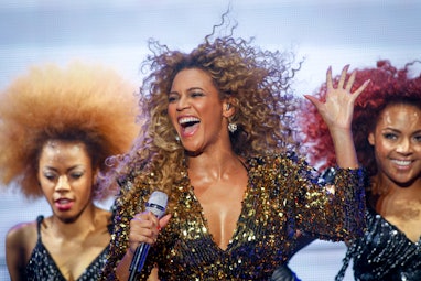 GLASTONBURY, ENGLAND - JUNE 26: Beyonce performs on the main Pyramid Stage at the 2011 Glastonbury F...