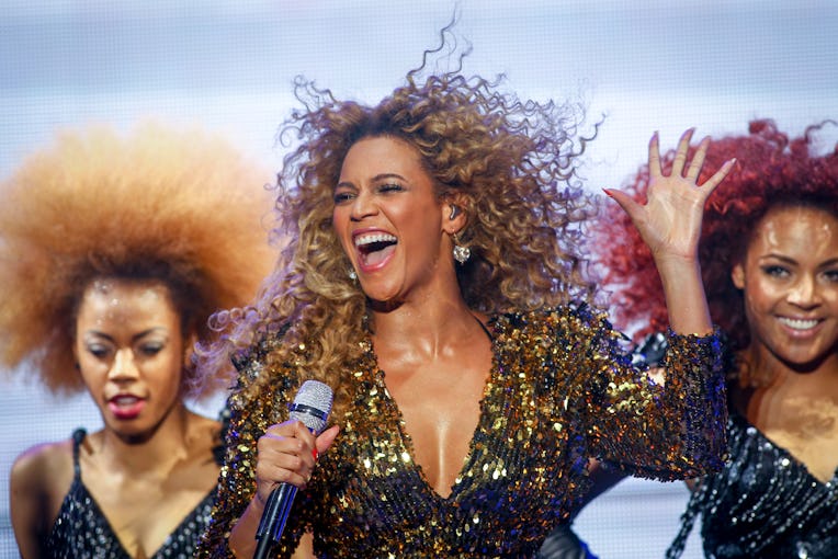 GLASTONBURY, ENGLAND - JUNE 26: Beyonce performs on the main Pyramid Stage at the 2011 Glastonbury F...