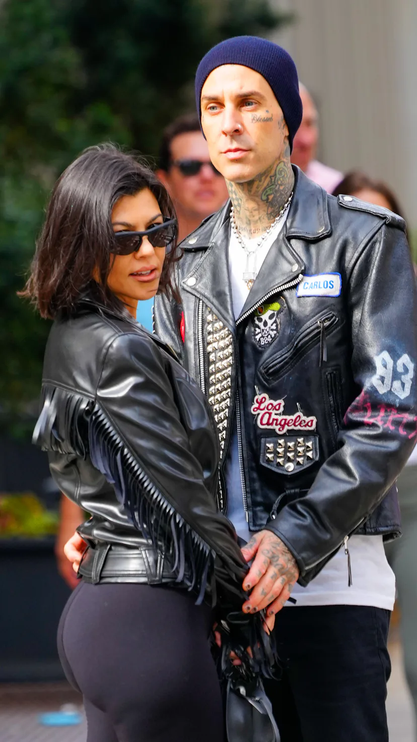 NEW YORK, NEW YORK - OCTOBER 16: Kourtney Kardashian and Travis Barker are seen on October 16, 2021 ...