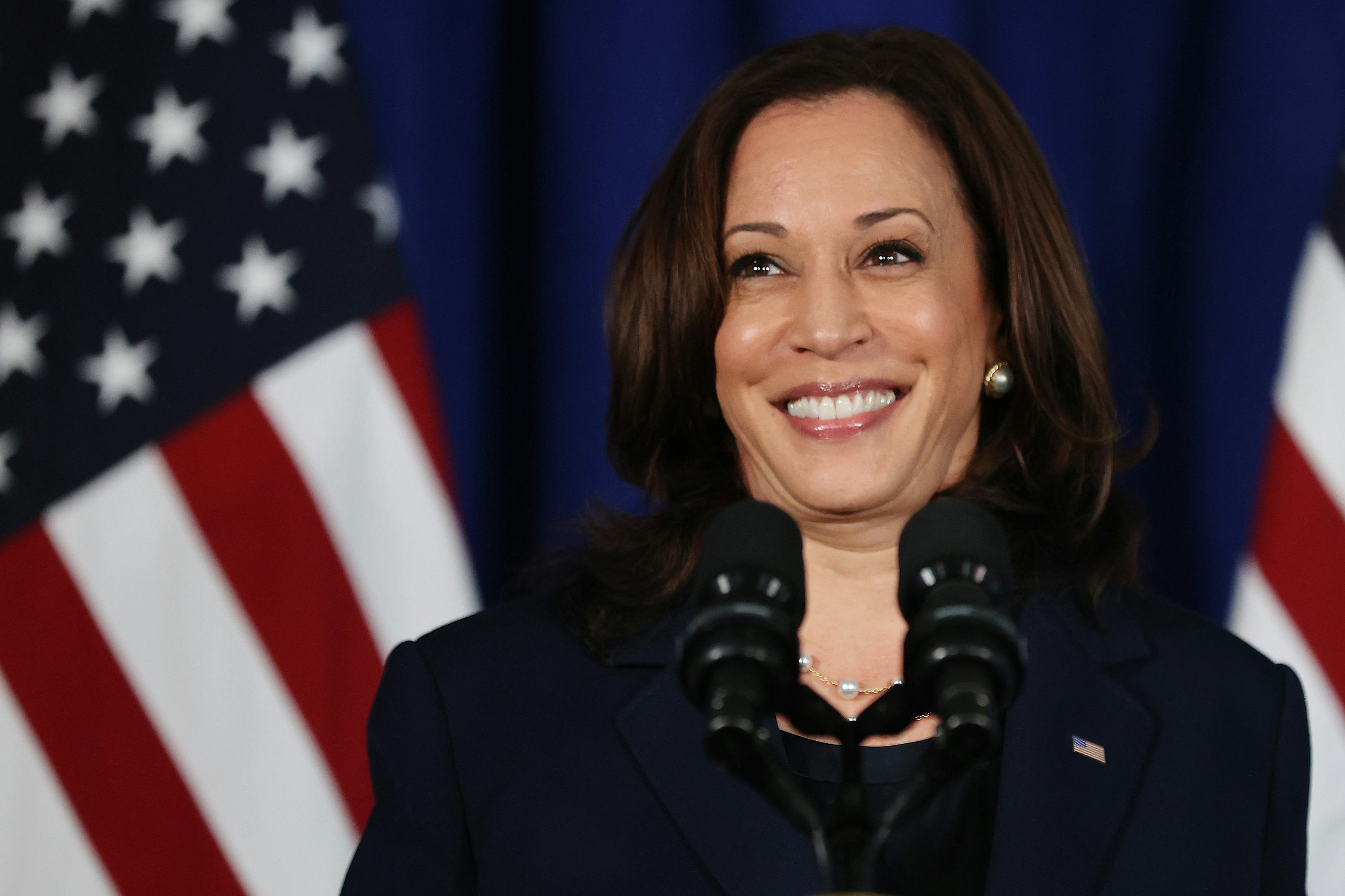 WASHINGTON, DC - JULY 08: U.S. Vice President Kamala Harris delivers remarks at the Louis Stokes Lib...