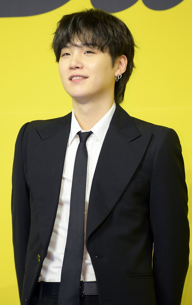 SEOUL, SOUTH KOREA - MAY 21: Suga of BTS attends a press conference for BTS's new digital single 'Bu...