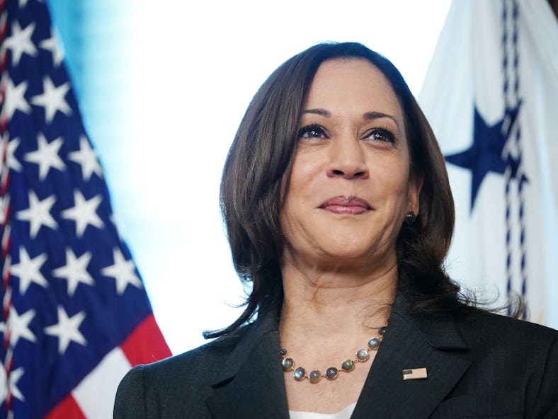 US Vice President Kamala Harris smiles during the swearing-in ceremony for Eric Lander as the Direct...