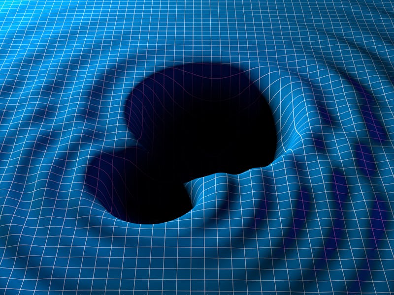 Illustration of two black holes orbiting each other, emitting gravitational waves. Gravitational wav...